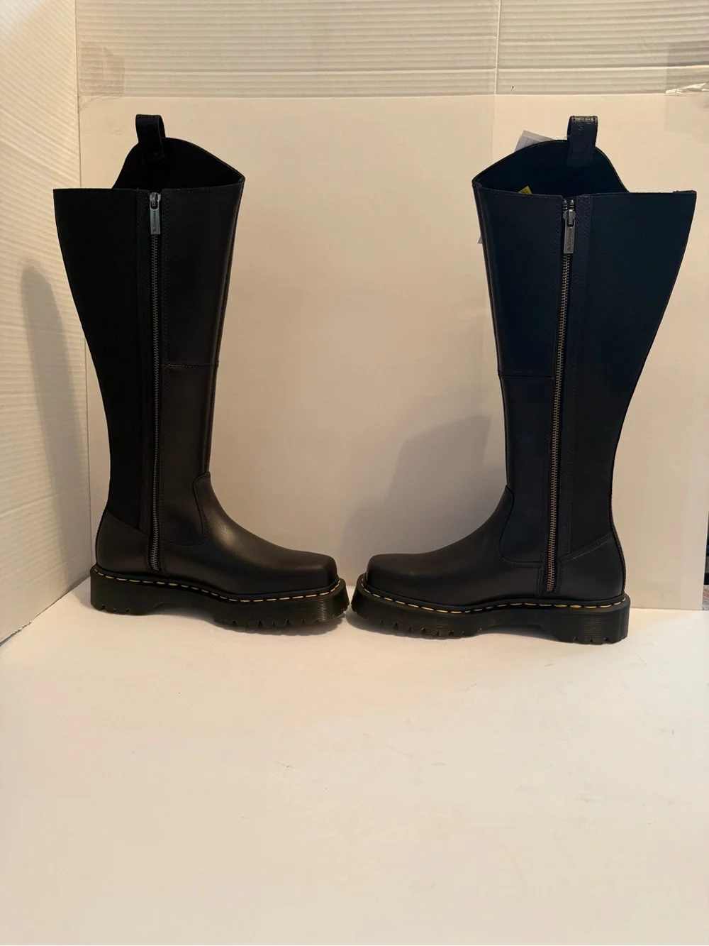 NWT Dr. Martens Amaayah Black Tall Leather Lug-Sole Boots with Yellow Stitching